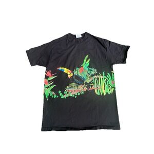Vintage 90s Panama Jack Tropical Parrot Black Single‎ Stitch Wrap Around T-Shirt